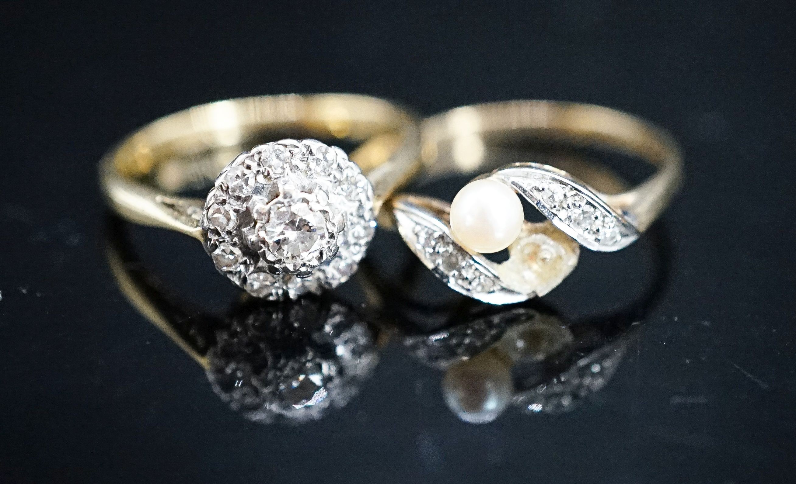 An 18ct & plat, diamond cluster ring, size L/M, gross 2.9 grams and one other 9ct ring(a.f.), gross 1.3 grams.